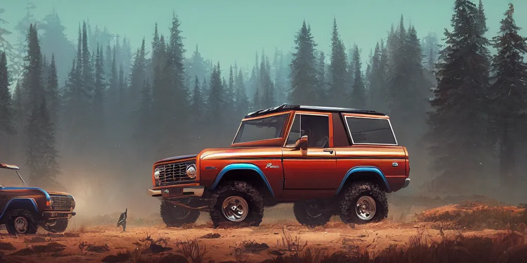 Image similar to ford bronco, an epic fantasy, dramatic lighting, cinematic, establishing shot, extremely high detail, photorealistic, cinematic lighting, artstation, by simon stalenhag, horizon forbidden west