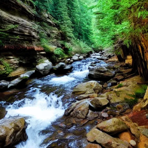 Prompt: sitting by a gently flowing stream in the coolness of a canyon rich in towering evergreens