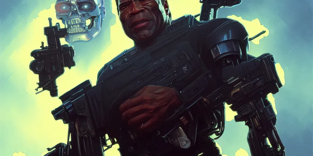 Prompt: oj simpson as the terminator, cinematic, highly detailed, digital painting, artstation, concept art, matte, sharp focus, illustration, art by artgerm and greg rutkowski and alphonse mucha