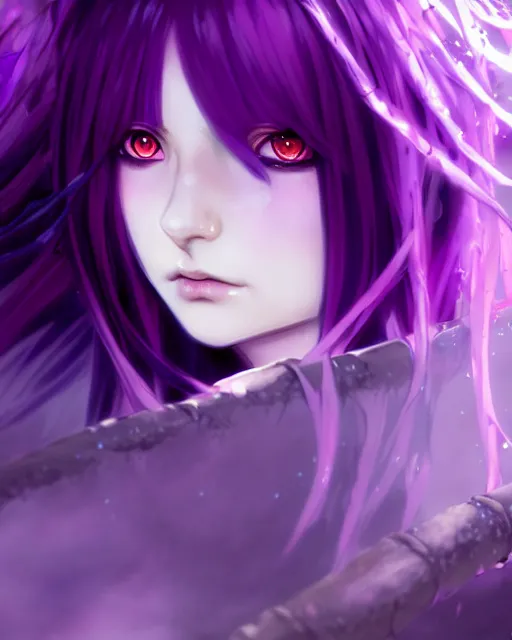 Image similar to attractive long purple haired gothic magical girl anime character screenshot, anime, intricate, sharp focus, illustration, highly detailed, digital painting, cell shaded, concept art, matte, art by ilya kuvshinov and kyoto animation and wlop, anime character by ruan jia and greg rutkowski, studio quality, masterpiece