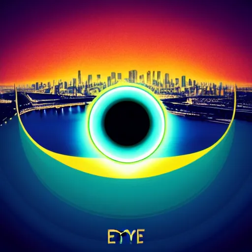 Prompt: logo of eye as background, city as foreground, symmetrical, washed out color, centered, art deco, 1 9 5 0's futuristic, glowing highlights, peaceful