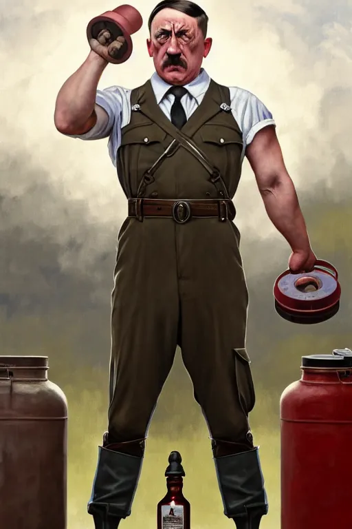 Prompt: clear portrait of adolf hitler benchpressing a big gas container, cottagecore!!, background hyper detailed, character concept, full body, dynamic pose, intricate, highly detailed, digital painting, artstation, concept art, smooth, sharp focus, illustration, art by artgerm and greg rutkowski and alphonse mucha