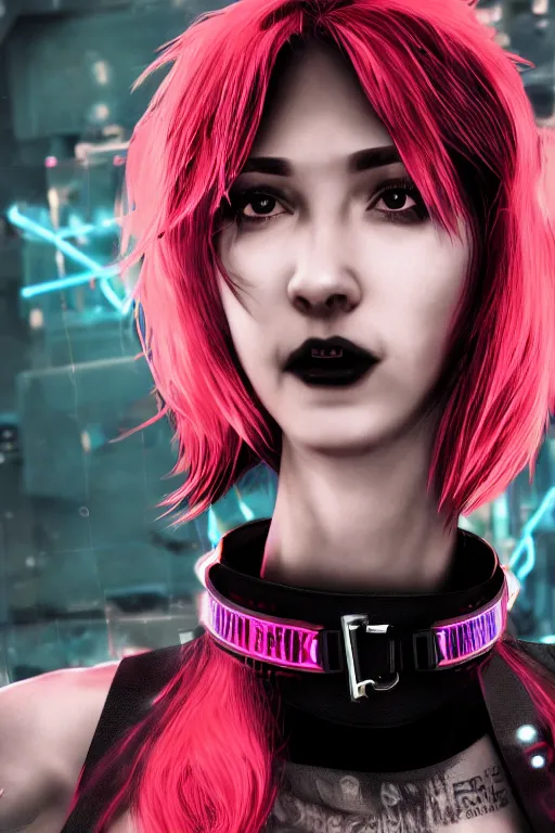 Image similar to detailed realistic female rock star cyberpunk wearing thick technological collar around neck, realistic, art, beautiful, 4K, collar, choker, collar around neck, punk, artstation, detailed, female, woman, choker, cyberpunk, neon, punk, collar, choker, collar around neck, thick collar, tight around neck, punk,