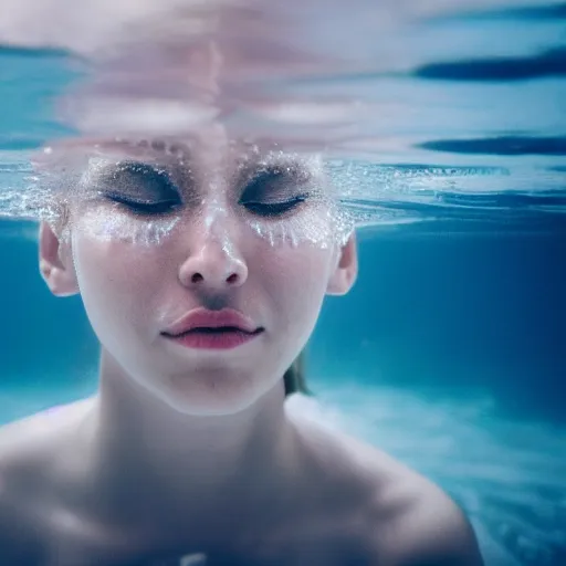 Prompt: a woman's face underneath the water, serene emotion, film grain