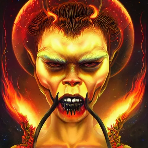 Image similar to cosmic doom demon portrait of satan, fire and flame of hell, Pixar style, by Tristan Eaton Stanley Artgerm and Tom Bagshaw.