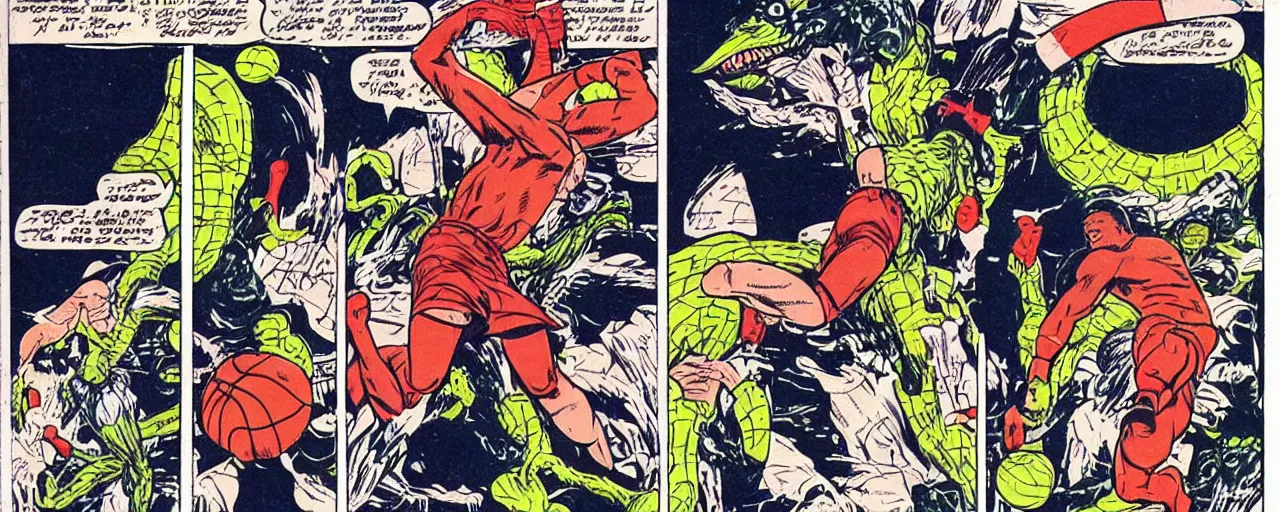 Prompt: godzilla slam dunking baskeball on shaq, marvel comic, 1 9 6 0's style, comic strip