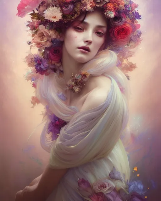 Prompt: Full View ultrarealistic Portrait ethereal fantasy deity wearing beautiful gown, flowers, spirituality, 4k digital masterpiece by Anna Dittman and Alberto Seveso Ruan Jia, rossdraws, artgerm and greg rutkowski and alphonse mucha and loish and WLOP, fantasycore, Hyperdetailed, realistic digital painting, soft lighting, featured on Artstation
