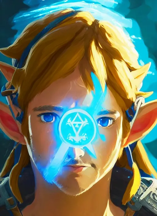 Prompt: link breath of the wild great portrait, cinematic lighting, glowing blue runes, highly detailed, d & d, fantasy, highly detailed, digital painting, trending on artstation, concept art, sharp focus, illustration, art by artgerm and greg rutkowski and fuji choko and viktoria gavrilenko and hoang lap