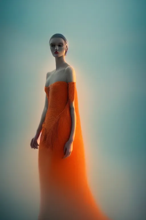 Prompt: a model wearing haute couture from chanel in an environment envisioned by killian eng and moebius, macro photography, long exposure photograph, surrealism, anamorphic bokeh, cozy, soft light, orange and teal, caustic, atmospheric fog, octane render, cinematic