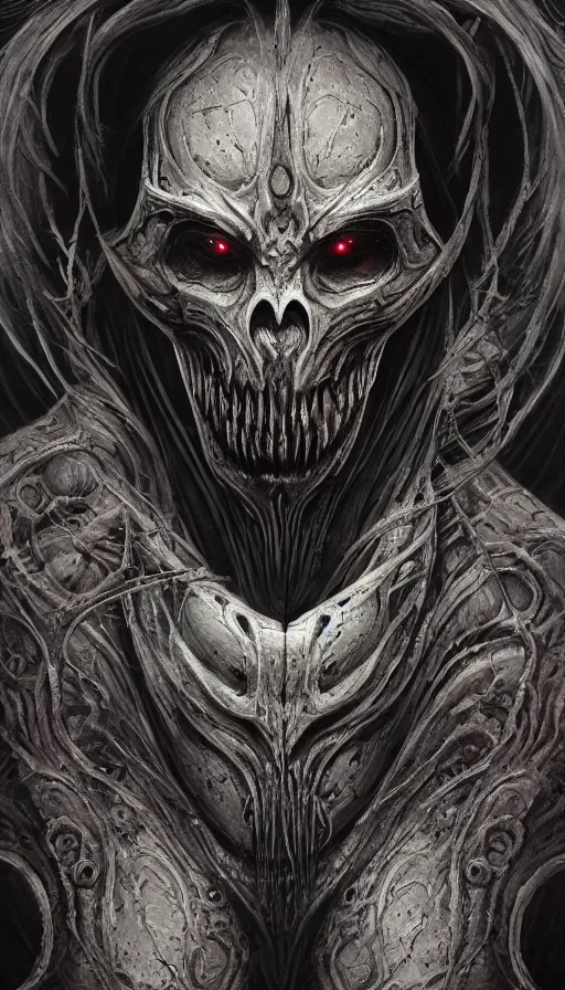 Image similar to Elden Ring and Doom themed painting of satanic demon hybrid cyborg beautiful angellic symmetrical face mask tattoo pattern concept, infinity glyph, intricate artwork by, Johnatan Wayshak, Zdizslaw Beksinski, face by Artgerm, H.R. Giger, very coherent artwork, cinematic, hyper realism, high detail, octane render, unreal engine, 8k, High contrast, golden ratio, trending on cgsociety, higly detailed black ink outline, crosshatch sketch gradient, ultra high quality model, production quality cinema model