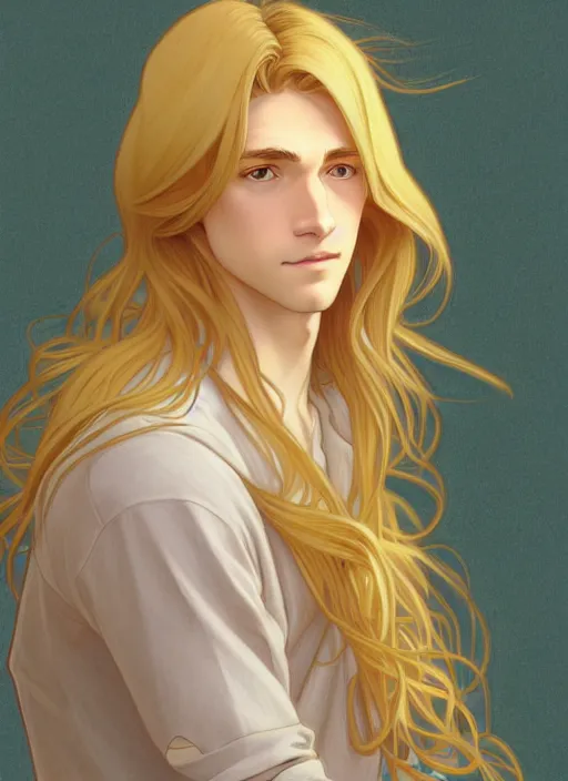 Image similar to pretty young man with shoulder length shiny shimmering golden blond hair, path traced, highly detailed, high quality, digital painting, by studio ghibli and alphonse mucha, leesha hannigan, makoto shinkai, disney