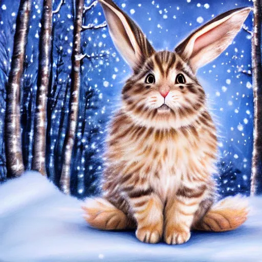 Image similar to hybrid animal mix between cute fluffy tan lop eared bunny rabbit and fluffy grey striped tabby kitten in winter forest landscape detailed painting 4k