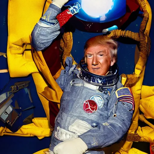 Image similar to donald trump strapped to a rocket, to space, natural light, photograph - shot, by terry richardson