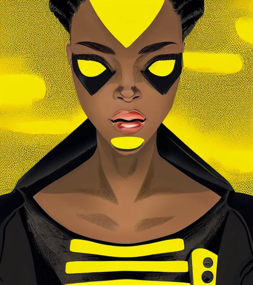 Prompt: a digital painting of a black female android with futuristic hair and yellow make-up, a comic book panel by Craig Thompson, behance contest winner, afrofuturism, marvel comics, official art, artstation hq