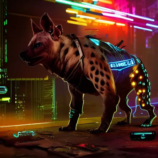 Prompt: cyborg hyena in cyberpunk 2 0 7 7, multiple wires and eyes resembling camera lenses, neon glowing lights on body, realistic, highly detailed concept art