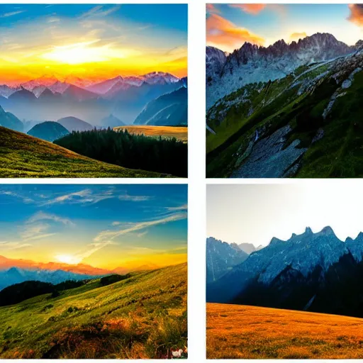 Prompt: a wide landscape of the austrian alps at sunrise in the summer, collage, painting