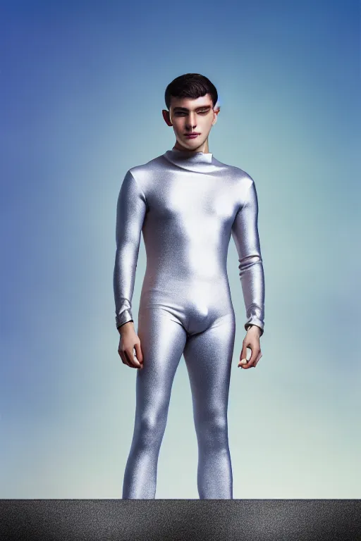 Image similar to un ultra high definition studio quality photographic art portrait of a young man standing on the rooftop of a british apartment building wearing soft padded silver pearlescent clothing. three point light. extremely detailed. golden ratio, ray tracing, volumetric light, shallow depth of field. set dressed.