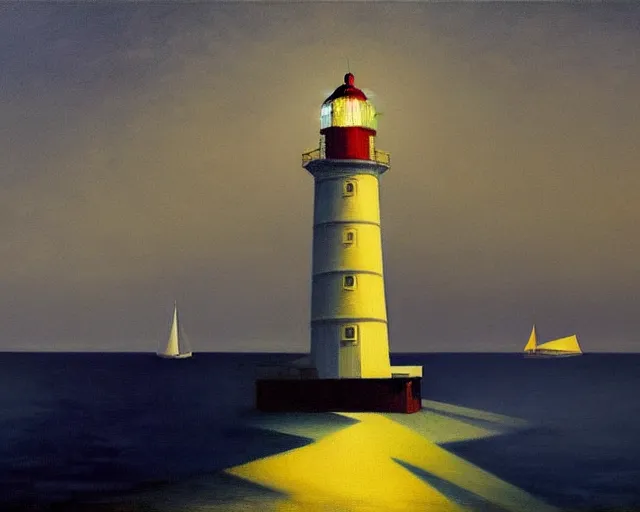 Prompt: a stunning maritime painting of a sailing ship, a lighthouse, the moon, a small house with the lights on, by edward hopper, award winning art, moody lighting