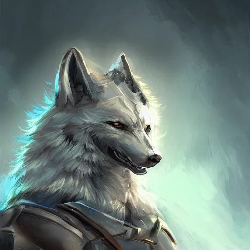 Prompt: painting of an anthropomorphic wolf knight character, epic dramatic digital painting, trending on artstation