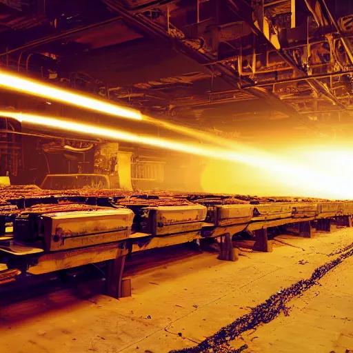 Image similar to rows of toaster oven mecha heads on conveyor belt, dark messy smoke - filled cluttered workshop, dark, dramatic lighting, orange tint, sparks, cinematic, highly detailed, sci - fi, futuristic, movie still