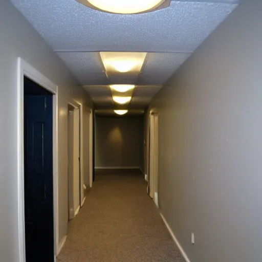 Prompt: basement hallway, craigslist photo. and office hallway, craigslist photo