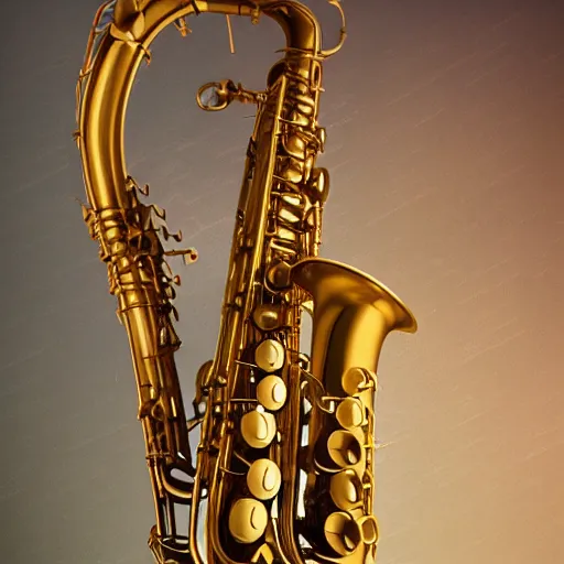 Image similar to hyperrealistic mixed media image of a saxophone cephalopod, stunning 3 d render inspired art by greg rutkowski and xiang duan and thomas eakes, perfect symmetry, realistic, highly detailed attributes and atmosphere, dim volumetric cinematic lighting, 8 k octane extremely hyper - detailed render, post - processing, masterpiece,