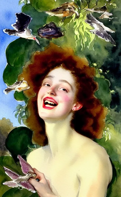 Image similar to 8 k uhd the face of a young woman with marble complexion, angelic features, her face framed with curls, her head raised in rapture, laughing, symmetrical eyes, watercolor by john singer sargent, background lush vegetation, insects and birds