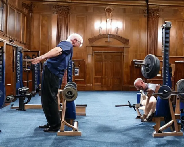 Prompt: bernie sanders bench-pressing 200 lb weights in senate chamber