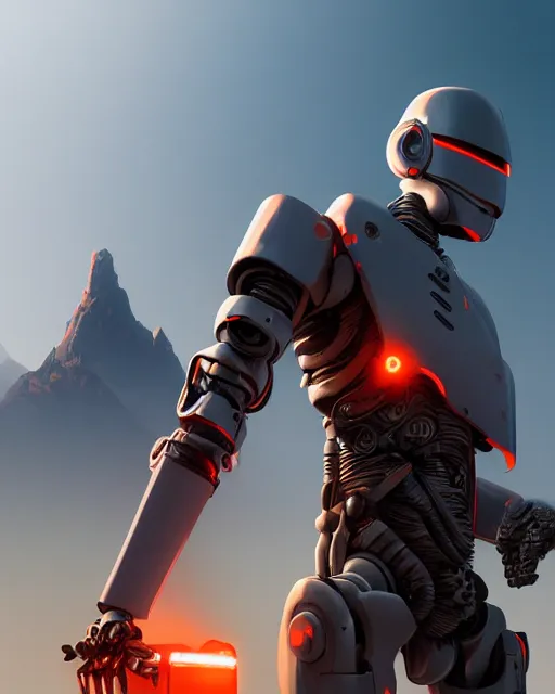 Image similar to friendly carrot cyborg, robocop, scifi farm, morning light, cinematic, mountains, epic design, atmosphere, welcoming smile, high quality, perfect, 8 k high detail, masterpiece, trending on artstation, by akihiko yoshida