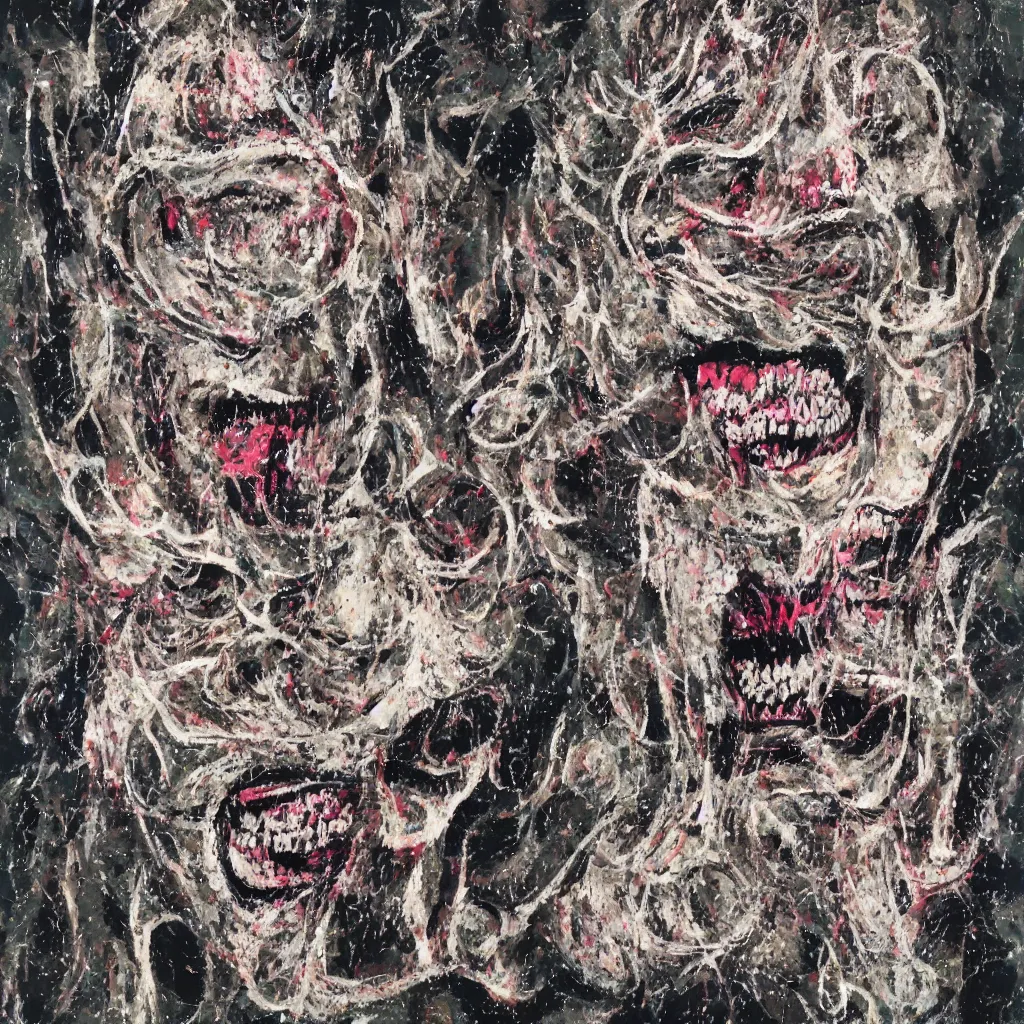 Image similar to camo made of teeth, smiling, abstract, francis bacon artwork, cryptic, dots, spots, stipple, lines, splotch, color tearing, pitch bending, faceless people, dark, ominious, eerie, hearts, minimal, points, technical, old painting