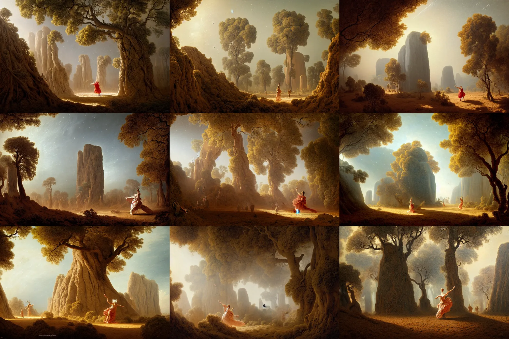 Prompt: colonial maze of dry trees with polovstian dances wearing drapery around a large monolith, raining meteor shower, stoic, light dust, magnificent, hyperdetailed, theatrical, dutch angle, close up, masterpiece, painted by jean honore fragonard and greg rutkowski and rob alexander