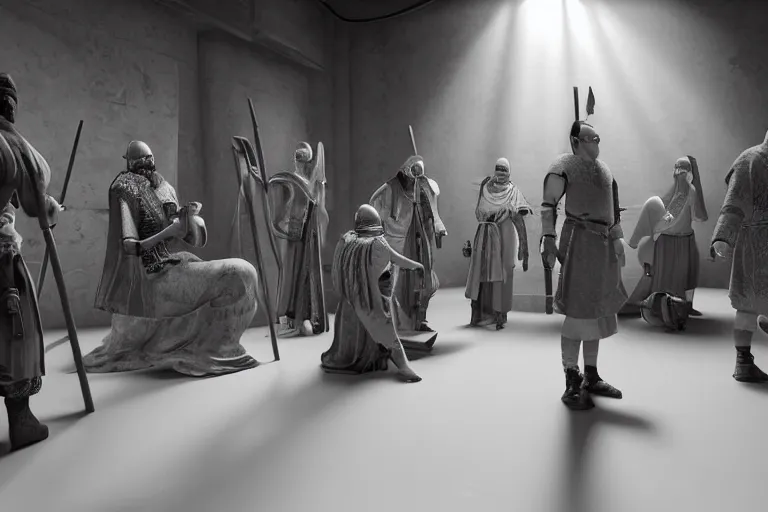 Image similar to still photo of 8 th century people looking shocked at the camera, black and white color aesthetic, highly detailed, photorealistic portrait, bright studio setting, studio lighting, crisp quality and light reflections, unreal engine 5 quality render