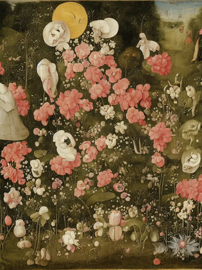 Image similar to beautiful large flowers in a garden, in the style of hieronymus bosch,