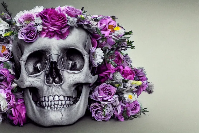 Prompt: human skull made and filled with flowers, high resolution, high detail, 4 k, 8 k