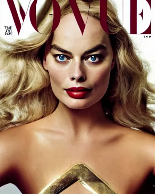 Prompt: margot robbie as wonderwoman, vogue cover photo