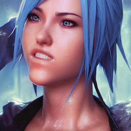 Image similar to photo realistic image of aqua from kingdom hearts, stunning 3 d render inspired art by istvan sandorfi and greg rutkowski, perfect facial symmetry, realistic, highly detailed attributes and atmosphere, dim volumetric cinematic lighting,