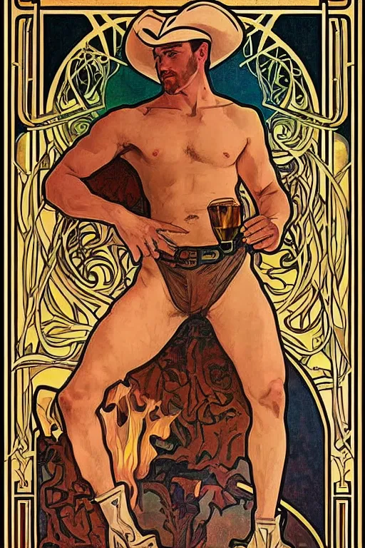 Prompt: a beautiful symmetrical tarot painting of a handsome shirtless cowboy with a chunky build wearing a cowboy hat and boots drinking a whisky with a warm campfire, homoerotic, art deco!!, art nouveau!, by Alphonse Mucha, trending on artstation