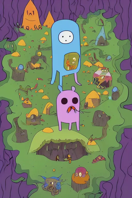 Image similar to Artwork in style of Adventure Time of the cinematic view of the Ghastly Forest of Insanity.