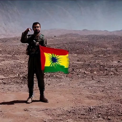 Prompt: kurdish astronaut holding a kurdistan flag in a movie directed by christopher nolan, movie still frame, promotional image, imax 7 0 mm footage