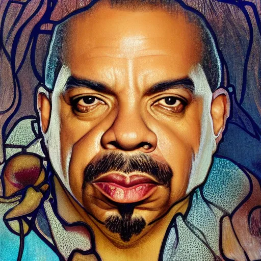 Image similar to ice - t portrait, shot with ice cubes, by alfons mucha, golden hour, realistic, body shot, sharp focus, 8 k high definition, insanely detailed, intricate, elegant, cherry blossoms