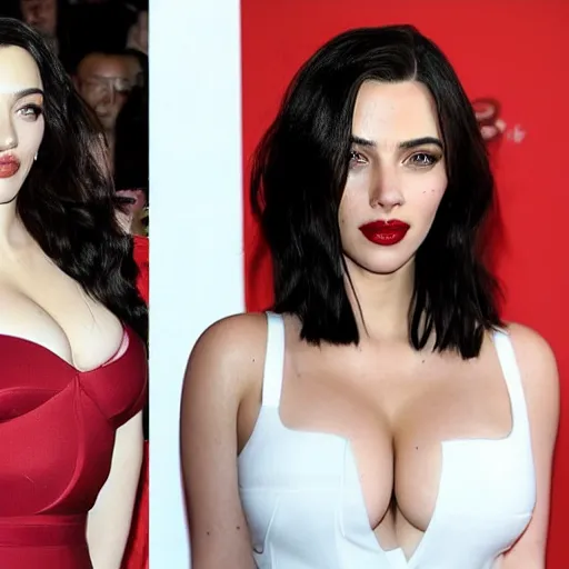 Image similar to a woman who is a genetic combination of kim kardashian and kat dennings and scarlett johansson and margot robbie and emma watson, face and upper - body focus