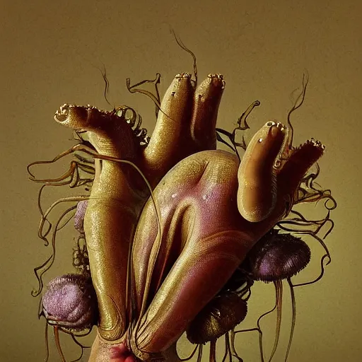 Image similar to disgusting disturbing dutch golden age bizarre mutant insect flower floral still life with many human toes realistic human toes blossoming everywhere very detailed fungus tumor disturbing tendrils bizarre slimy forms sprouting up everywhere by rachel ruysch black background chiaroscuro dramatic lighting perfect composition high definition 8 k 1 0 8 0 p