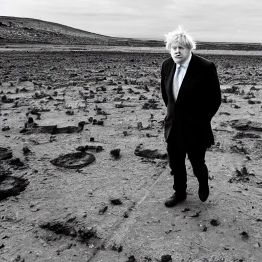 Image similar to Boris Johnson in a desolate wasteland surrounded by horryfying shadow monsters, black and white photo