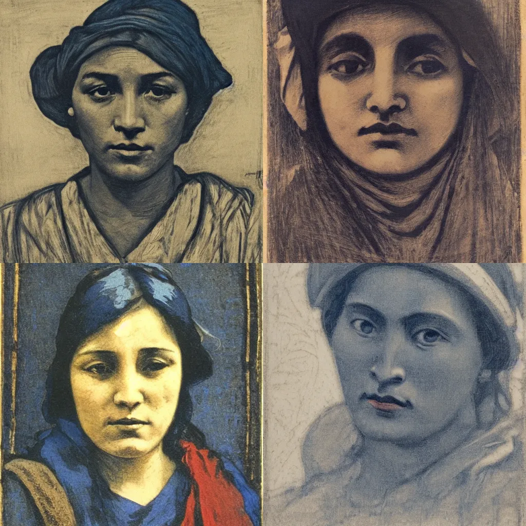 Prompt: portrait, peruvian tonalist, woodcut, art nouveau ( 1 9 2 2 ), pyrrol scarlet, titanium white, phthalo blue, stathmore 2 0 0, 3 5 mm, f 1. 4, grisaille, luminous