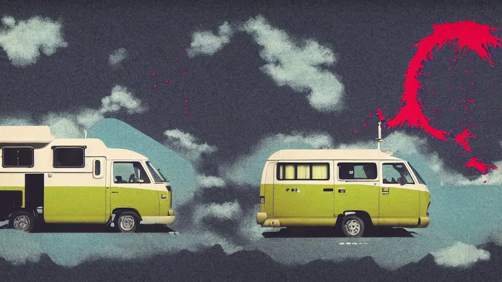 Prompt: japan various natural splendor and rural camper touring, a representational non - abstract collage painting, in the style of wes anderson, lola dupre, david hockney, isolated on negative space background dark monochrome neon spraypaint accents volumetric octane render