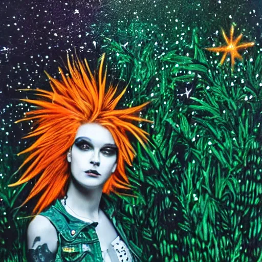 Image similar to Picture of punk-rocker with orange hair in green forest made of stars very Detailed