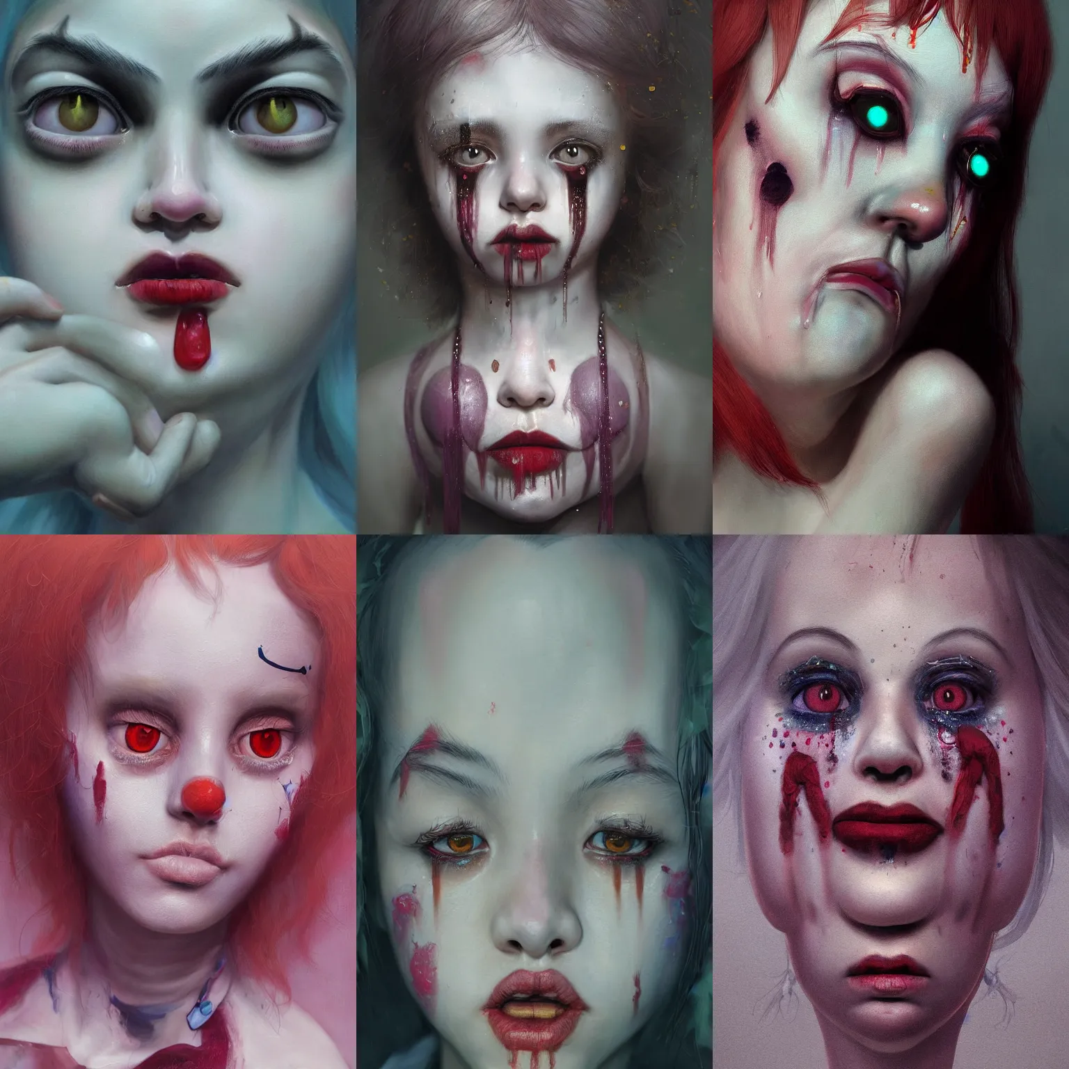 Prompt: breathtaking detailed painting of clown girl tears from eyes , with anxious, piercing eyes, art by Hsiao-Ron Cheng, Ja Miyazaki, extremely moody lighting, hyperrealistic, octane render, ambient light, dynamic lighting