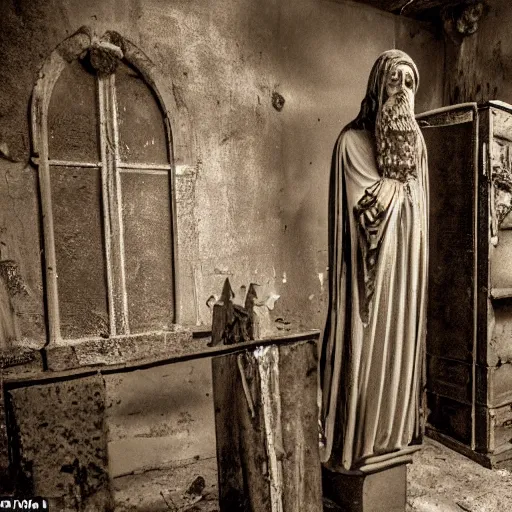 Prompt: several decrepit statues of the archangel gabriel, strewn about in a dark claustrophobic old room, wide shot, sinister, foreboding, grainy photo