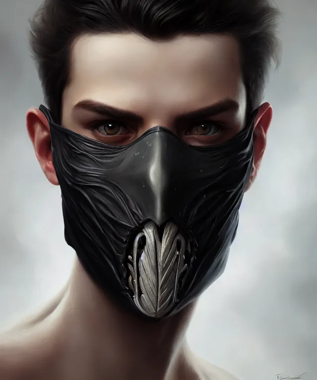 Prompt: european young man wearing black mask, beautiful face, highly detailed face!!!, true anatomy!, extremely detailed!, digital painting, unreal engine 5, art by tom bagshaw