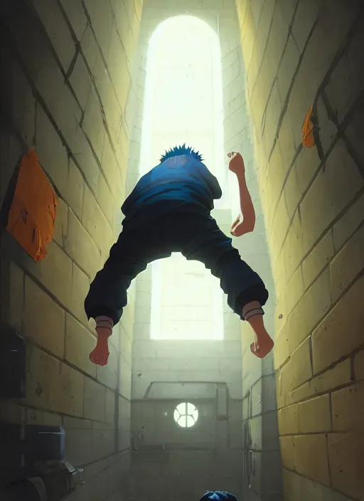 Image similar to highly detailed prison cell with naruto uzumaki with black hair, punching a wall, art by greg rutkowski, loish, rhads, ferdinand knab, makoto shinkai and lois van baarle, ilya kuvshinov, rossdraws, tom bagshaw, global illumination, radiant light, detailed and intricate environment